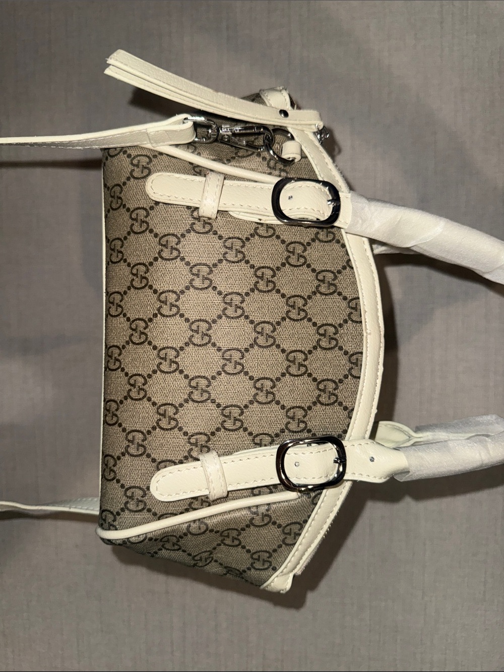 Gucci Beige GG Canvas Shoulder Bag with White Leather Trim